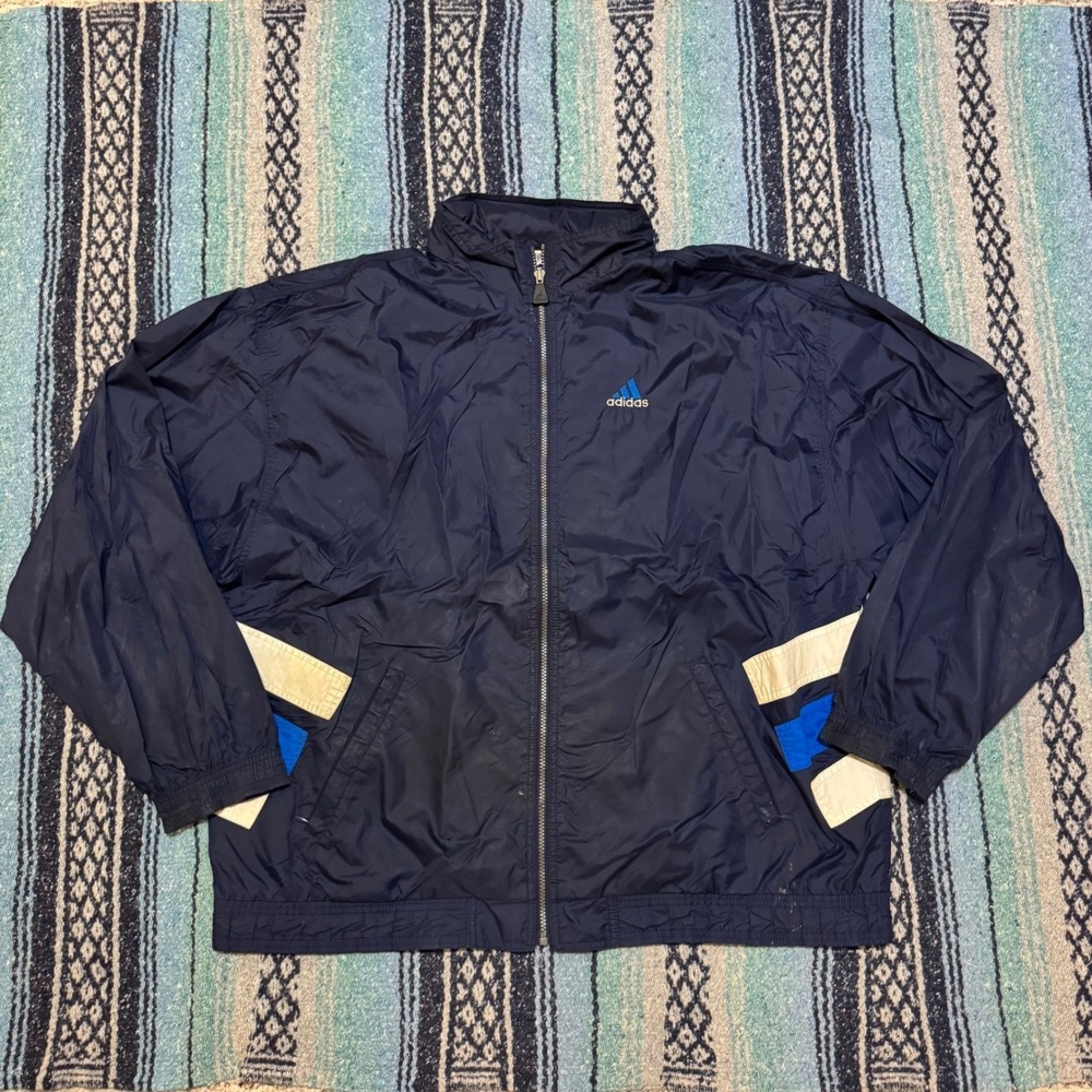 Vintage Adidas Windbreaker Jacket Mens XXL Navy Blue Colorblock Full Zip 90s - Picture 2 of 16